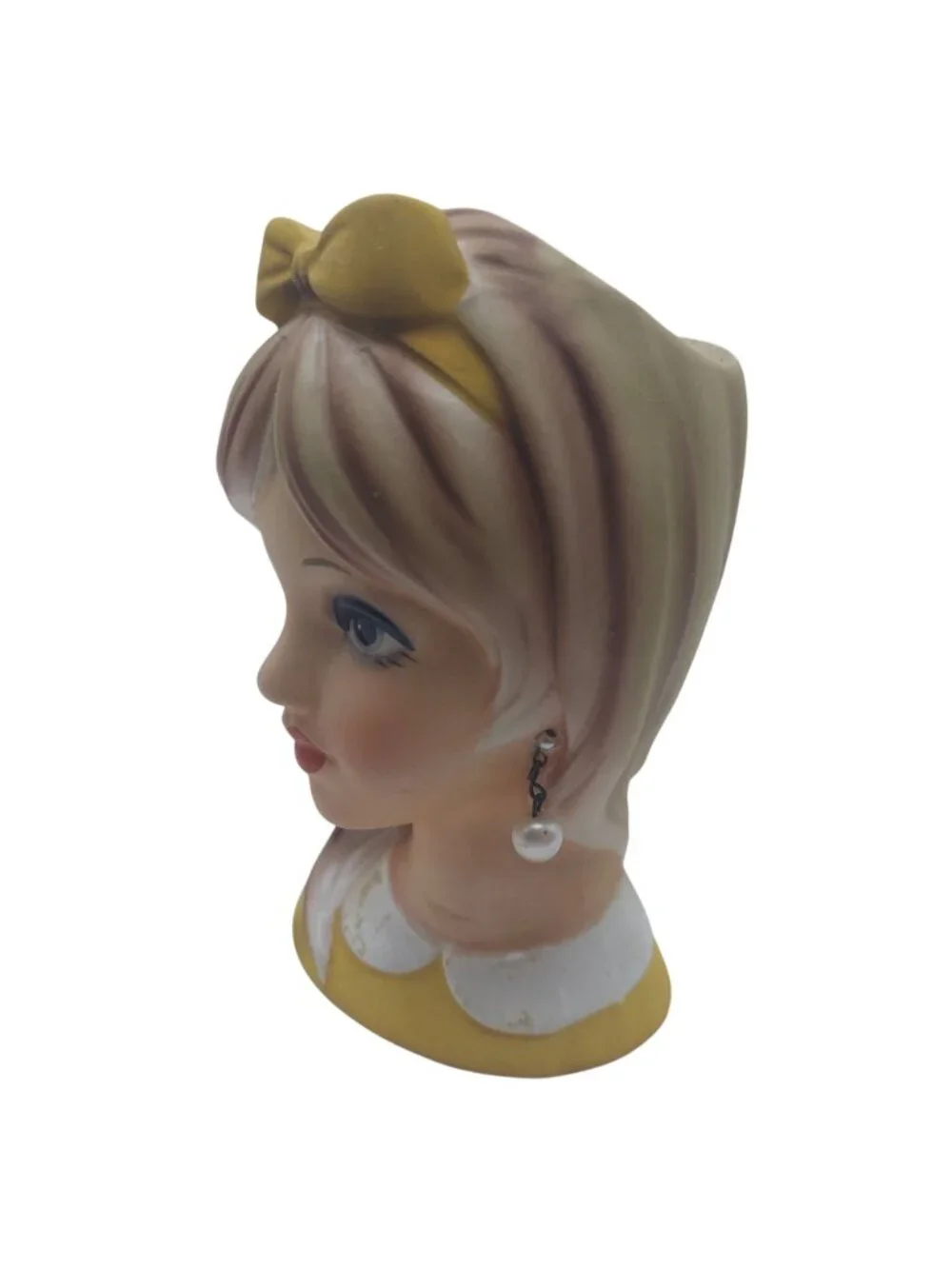 Napcoware Head Vase Lady Teen Ceramic Blonde Yellow Bow Pearl Earring MCM C8493